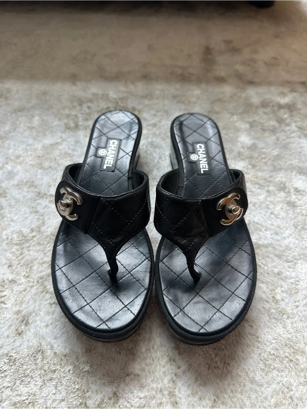 Chanel Black Quilted Leather CC Thong Sandals – Size 38.5